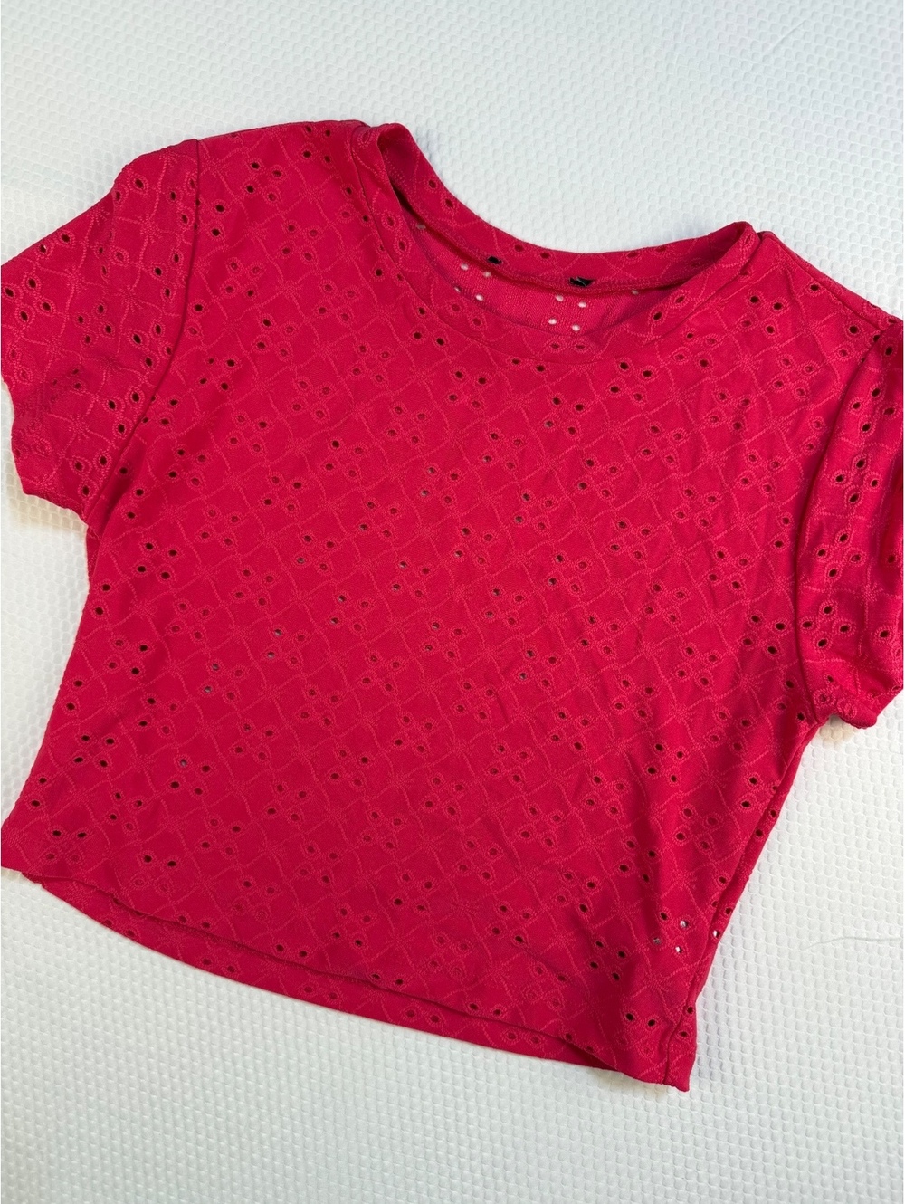 Forever 21 Pink Eyelet Crop Top Short Sleeve Crew Neck Coquette Women's Small